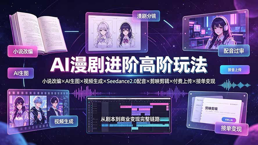 AI漫剧进阶高阶玩法：小说改编×AI生图×视频生成×Seedance2.0配音×剪映剪辑×付费上传×接单变现-海之城短剧项目