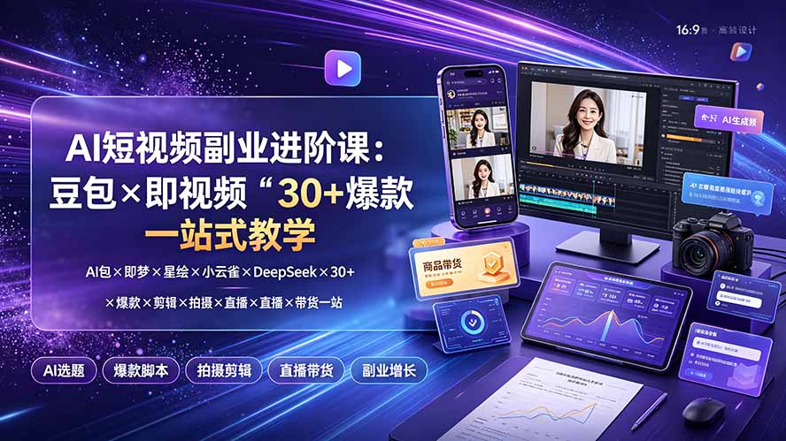 AI短视频副业进阶课：豆包×即梦×星绘×小云雀×DeepSeek×30+爆款×剪辑×拍摄×直播×带货一站式教学-海之城短剧项目