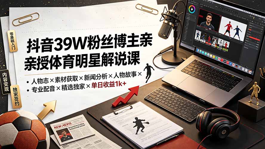 抖音39W粉丝博主亲授体育明星解说课：人物志×素材获取×新闻分析×人物故事×专业配音×精选独家×单日收益1k+-海之城短剧项目