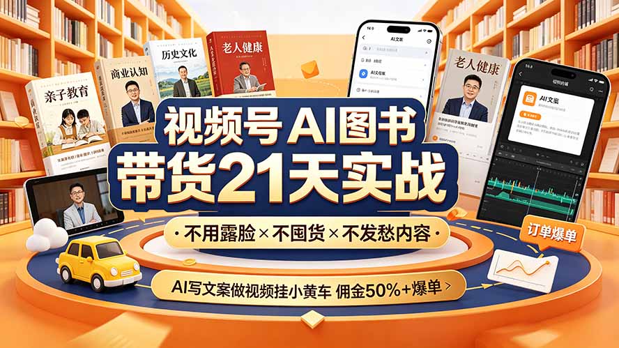 视频号AI图书带货21天实战：不用露脸×不囤货×不发愁内容，AI写文案做视频挂小黄车，佣金50%+爆单-海之城短剧项目