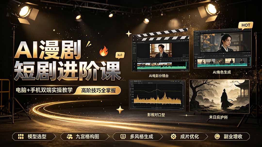 AI漫剧短剧进阶课｜电脑+手机双端实操教学｜影视剧对口型人物吃瓜×解压末日庇护所全程讲解，高阶技巧全掌握-海之城短剧项目