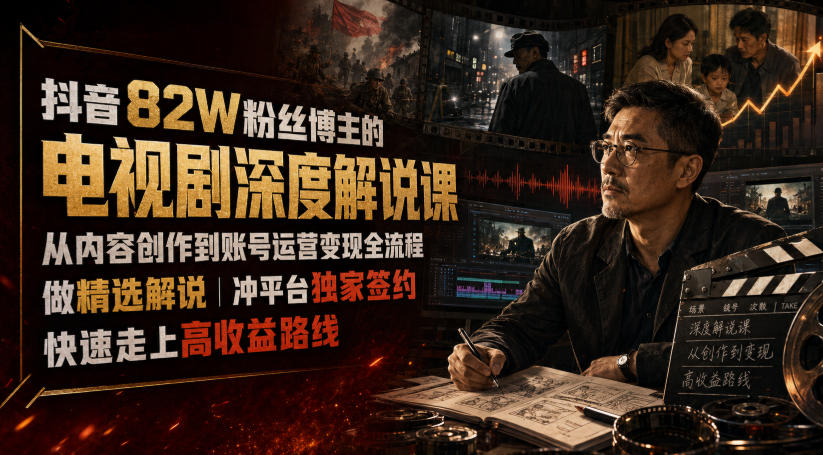 抖音82W粉丝博主的电视剧深度解说课，从内容创作到账号运营变现全流程，做精选解说，冲平台独家签约，快速走上高收益路线-海之城短剧项目
