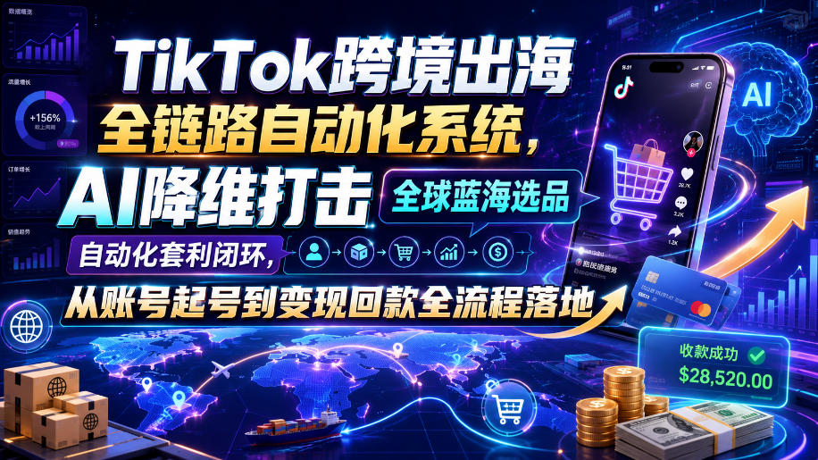 TikTok跨境出海全链路自动化系统，AI降维打击全球蓝海选品自动化套利闭环，从账号起号到变现回款全流程落地（2026年7月）-海之城短剧项目