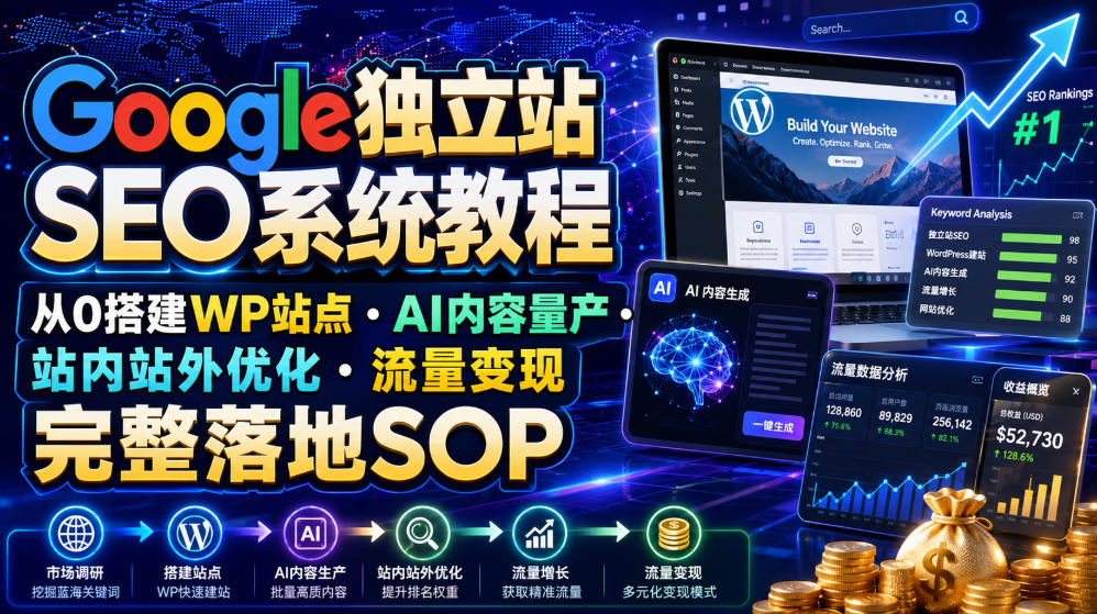 Google独立站SEO系统教程，从0搭建WP站点・AI内容量产・站内站外优化・流量变现完整落地SOP（2026年7月）-海之城短剧项目