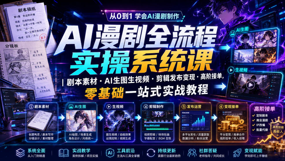 AI漫剧全流程实操系统课｜剧本素材・AI生图生视频・剪辑发布变现・高阶接单，零基础一站式实战教程-海之城短剧项目