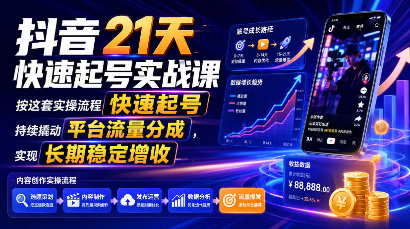 抖音21天快速起号实战课，按这套实操流程快速起号，持续撬动平台流量分成，实现长期稳定增收-海之城短剧项目
