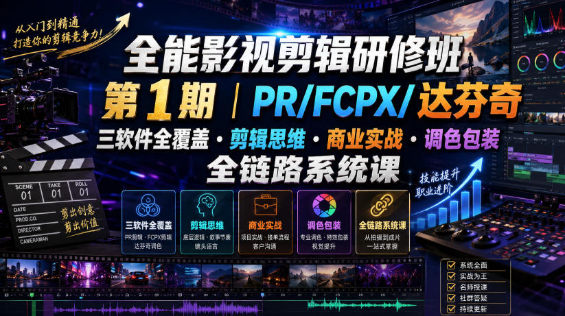 全能影视剪辑研修班第1期｜PR/FCPX/达芬奇三软件全覆盖・剪辑思维・商业实战・调色包装全链路系统课-海之城短剧项目