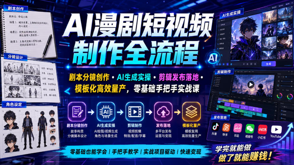 AI漫剧短视频制作全流程｜剧本分镜创作・AI生成实操・剪辑发布落地・模板化高效量产，零基础手把手实战课-海之城短剧项目