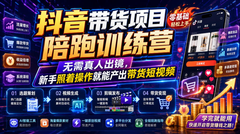 抖音带货项目陪跑训练营，无需真人出镜，新手照着操作就能产出带货短视频-海之城短剧项目