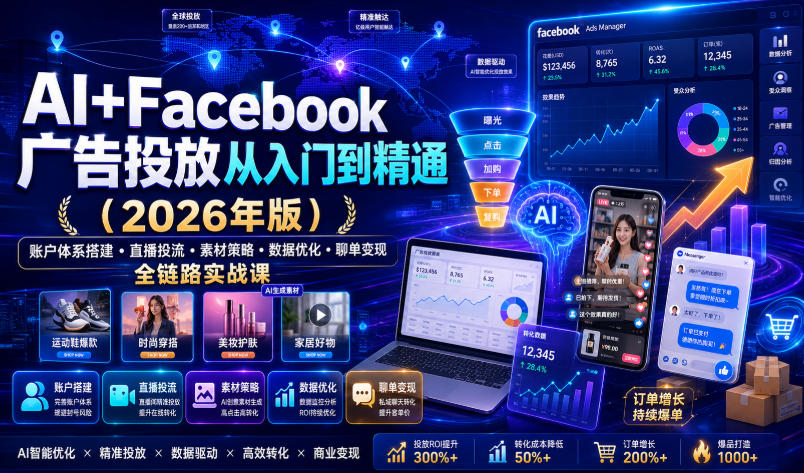 AI+Facebook广告投放从入门到精通（2026年版）｜账户体系搭建・直播投流・素材策略・数据优化・聊单变现全链路实战课-海之城短剧项目
