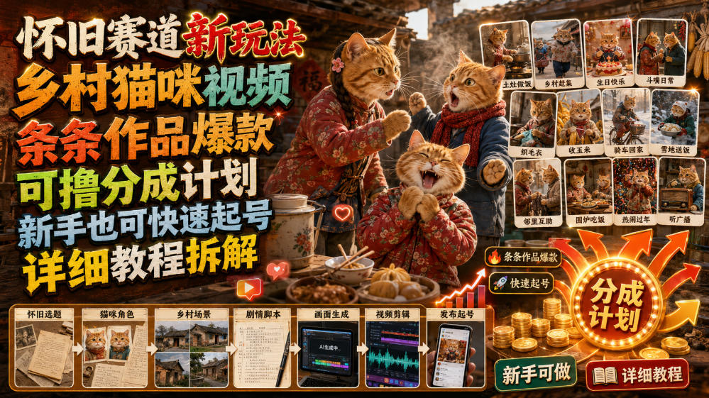 怀旧赛道新玩法，乡村猫咪视频，条条作品爆款，可撸分成计划，新手也可快速起号，详细教程拆解-海之城短剧项目