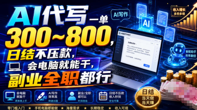 AI代写一单300~800，日结不压款，会电脑就能干，副业全职都行-海之城短剧项目