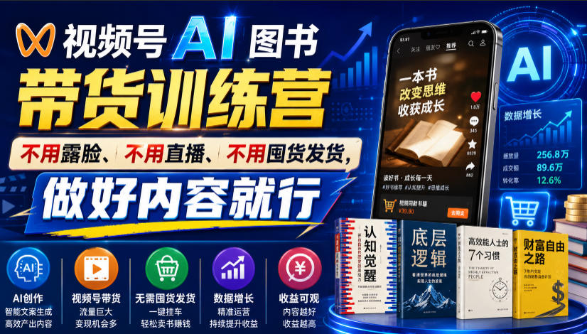 视频号AI图书带货训练营，不用露脸、不用直播、不用囤货发货，做好内容就行，一条爆款视频佣金8942-海之城短剧项目