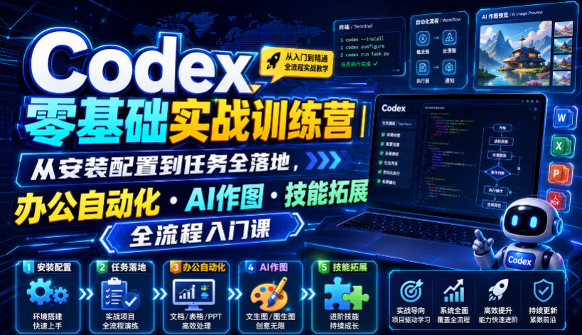 Codex零基础实战训练营｜从安装配置到任务全落地，办公自动化・AI作图・技能拓展全流程入门课 - 冒泡网