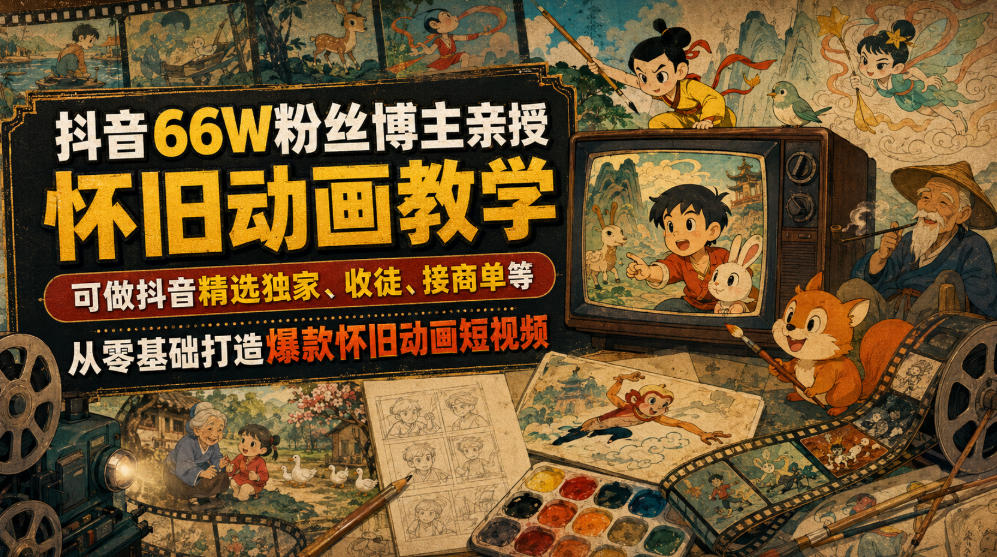 抖音66W粉丝博主亲授怀旧动画教学，可做抖音精选独家、收徒、接商单等，从零基础打造爆款怀旧动画短视频-海之城短剧项目