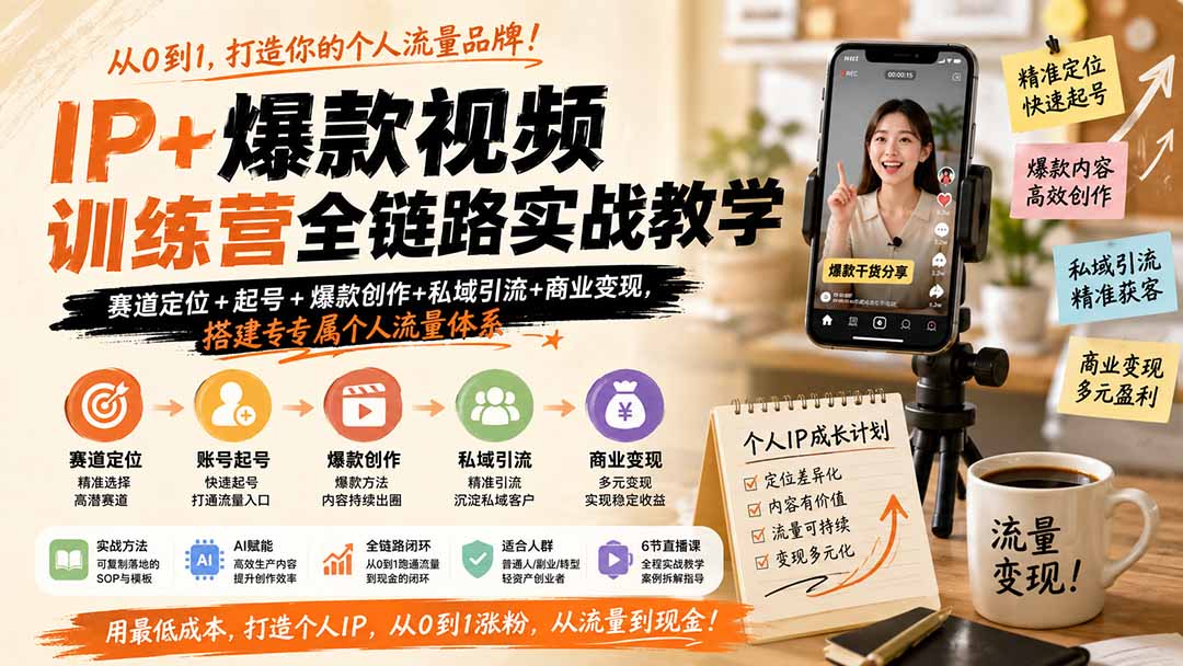 IP+爆款视频训练营全链路实战教学；赛道定位+起号+爆款创作+私域引流+商业变现，搭建专属个人流量体系-海之城短剧项目
