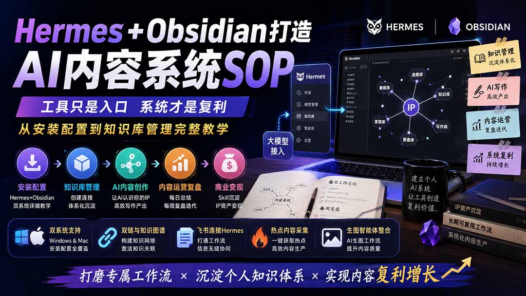 Hermes+Obsidian打造AI内容系统SOP；工具只是入口系统才是复利，从安装配置到知识库管理完整教学-海之城短剧项目