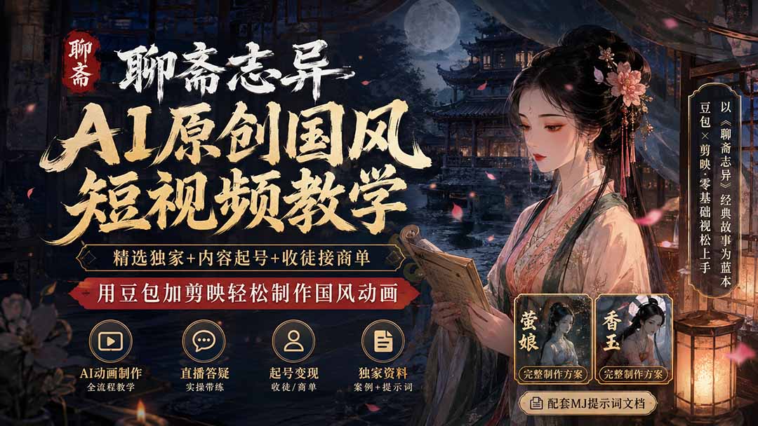 聊斋志异AI原创国风短视频教学；精选独家+内容起号+收徒接商单，用豆包加剪映轻松制作国风动画-海之城短剧项目