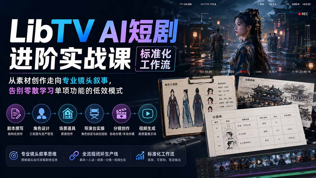 LibTV AI短剧进阶实操课标准化工作流；从素材创作走向专业镜头叙事，告别零散学习单项功能的低效模式-海之城短剧项目