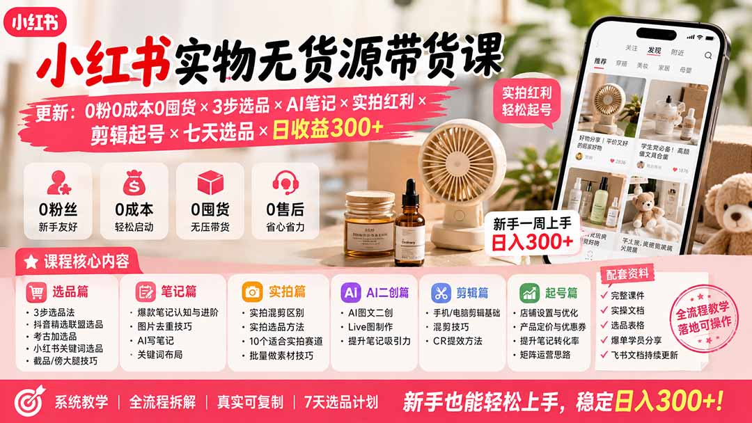 小红书实物无货源带货课-更新：0粉0成本0囤货×3步选品×AI笔记×实拍红利×剪辑起号×七天选品×日收益300+-海之城短剧项目