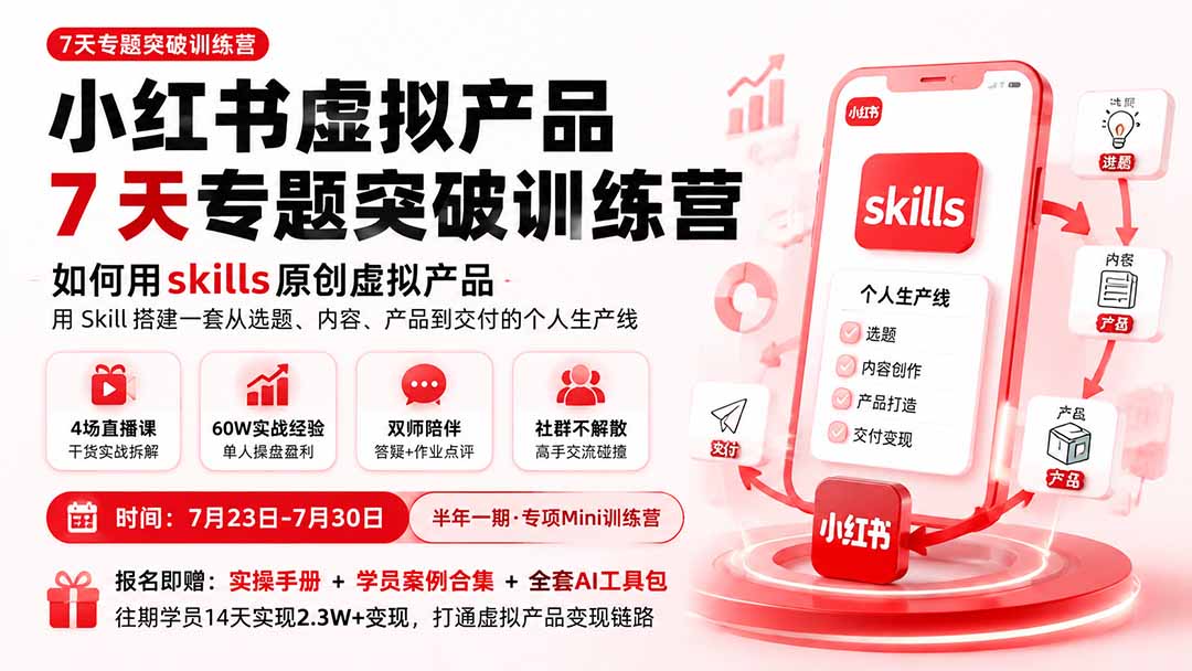 小红书虚拟产品7天专题突破训练营，如何用skills原创虚拟产品，用Skil搭建一套从选题、内容、产品到交付的个人生产线-海之城短剧项目