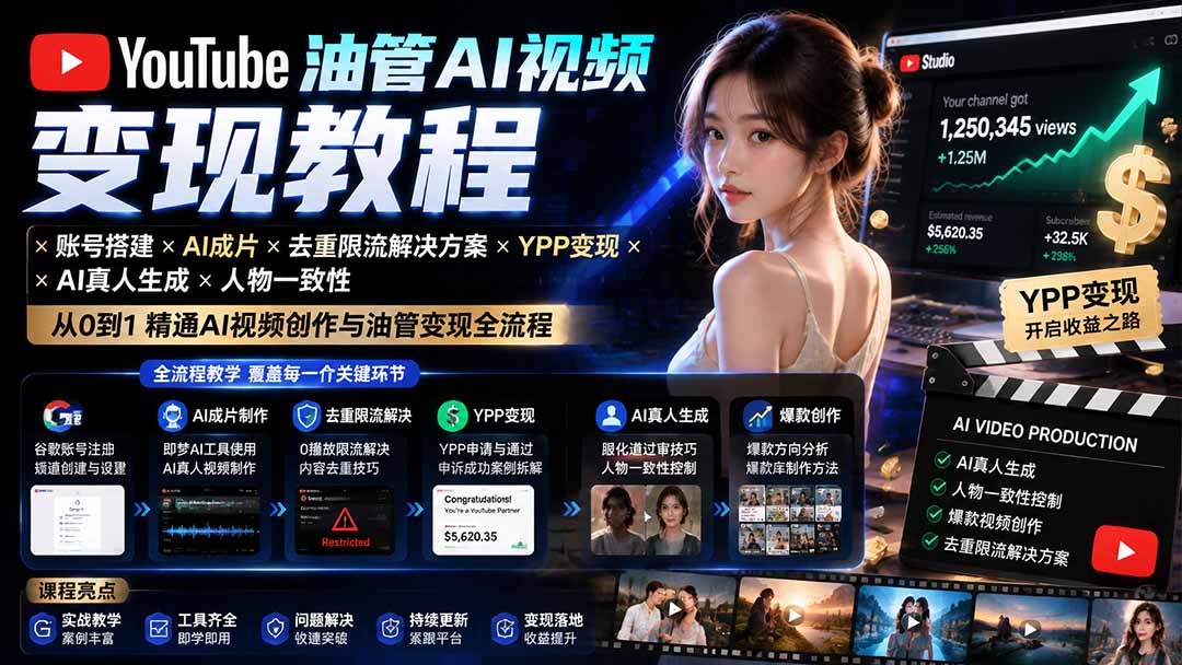 YouTube油管AI视频变现教程-更新：账号搭建×AI成片×去重限流解决方案×YPP变现×AI真人生成×人物一致性-海之城短剧项目