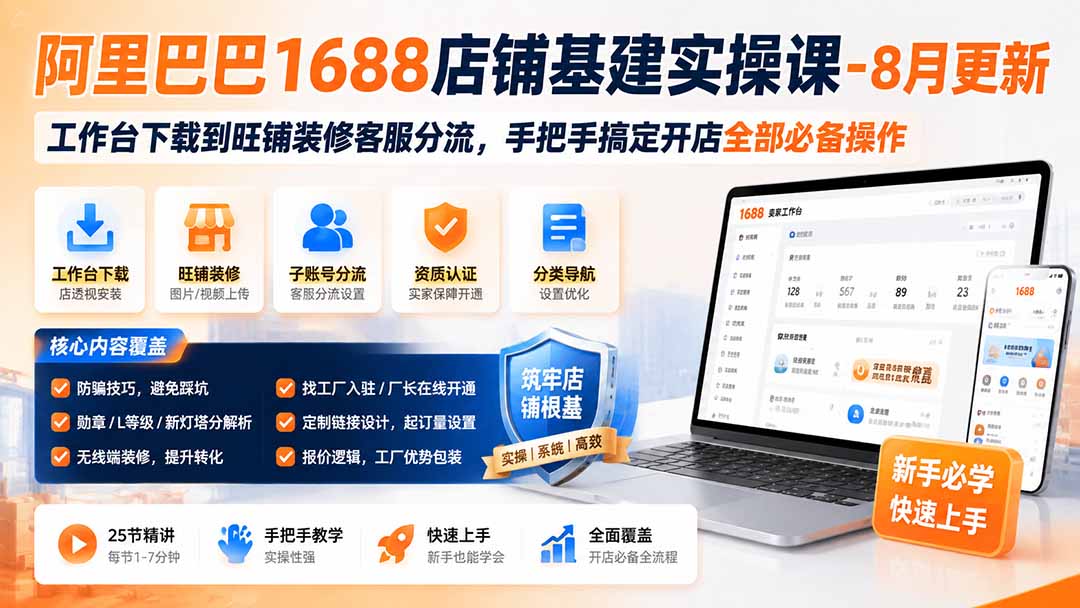 阿里巴巴1688店铺基建实操课-8月更新；工作台下载到旺铺装修客服分流，手把手搞定开店全部必备操作-海之城短剧项目