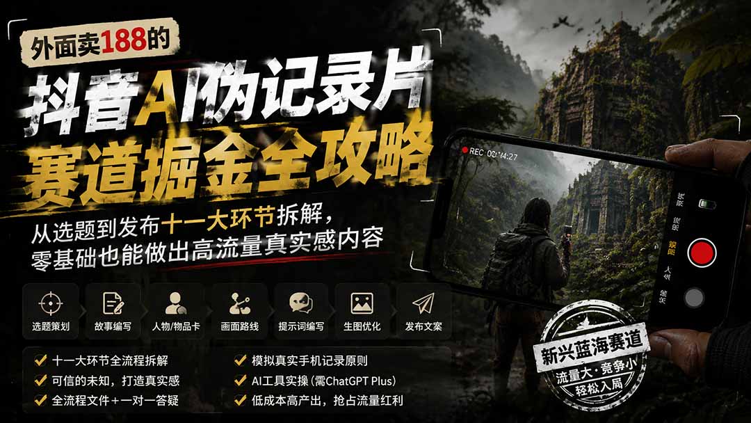 外面卖188的抖音AI伪记录片赛道掘金全攻略-更新；从选题到发布十一大环节拆解，零基础也能做出高流量真实感内容-海之城短剧项目