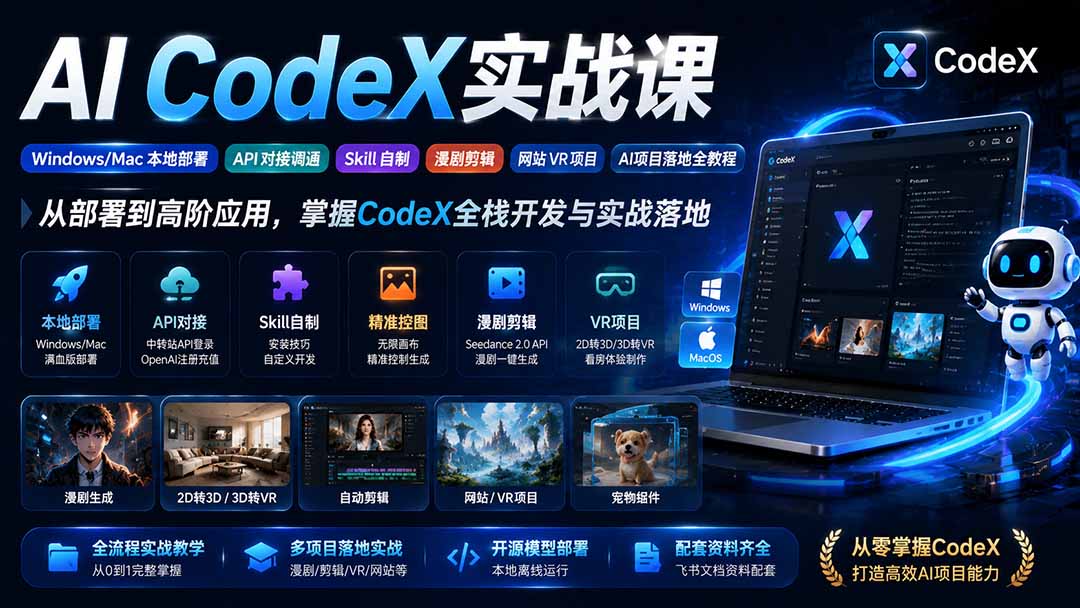 AI  CodeX实战课｜Windows/Mac 本地部署｜API 对接调通｜Skill 自制｜漫剧剪辑｜网站 VR 项目｜AI项目落地全教程-海之城短剧项目