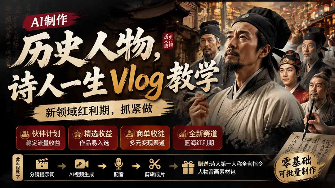 历史人物，诗人一生Vlog教学， AI制作丨伙伴计划丨精选收益丨商单收徒 ，新领域红利期，抓紧做-海之城短剧项目