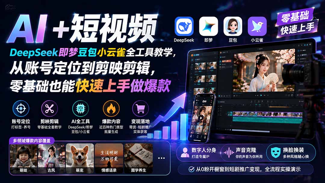AI+短视频｜DeepSeek即梦豆包小云雀全工具教学，从账号定位到剪映剪辑，零基础也能快速上手做爆款-海之城短剧项目