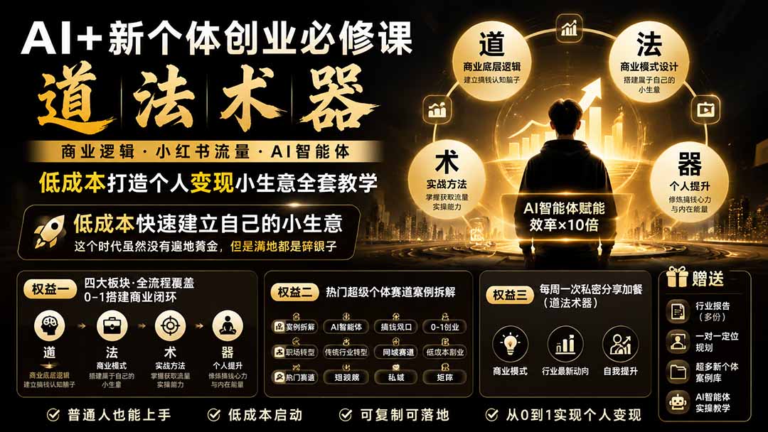 AI+新个体创业必修课｜道法术器｜商业逻辑·小红书流量·AI智能体｜低成本打造个人变现小生意全套教学-海之城短剧项目