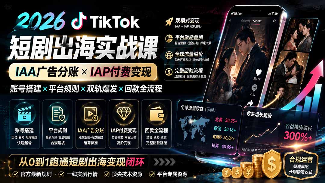2026TikTok短剧出海实战课：IAA广告分账×IAP付费变现×账号搭建×平台规则×双轨爆发×回款全流程-海之城短剧项目