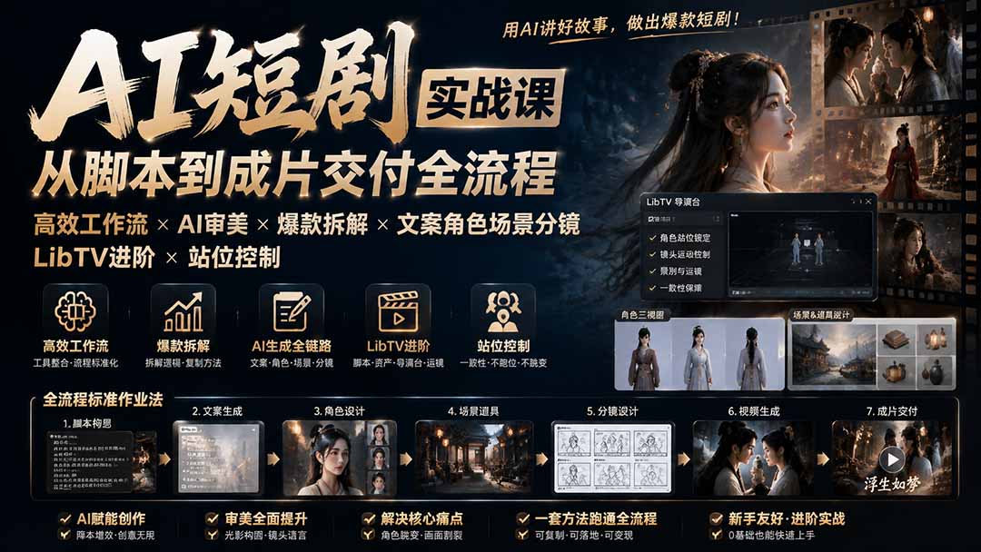 AI短剧实战课：高效工作流×AI审美×爆款拆解×文案角色场景分镜×LibTV进阶×站位控制×从脚本到成片交付全流程-海之城短剧项目