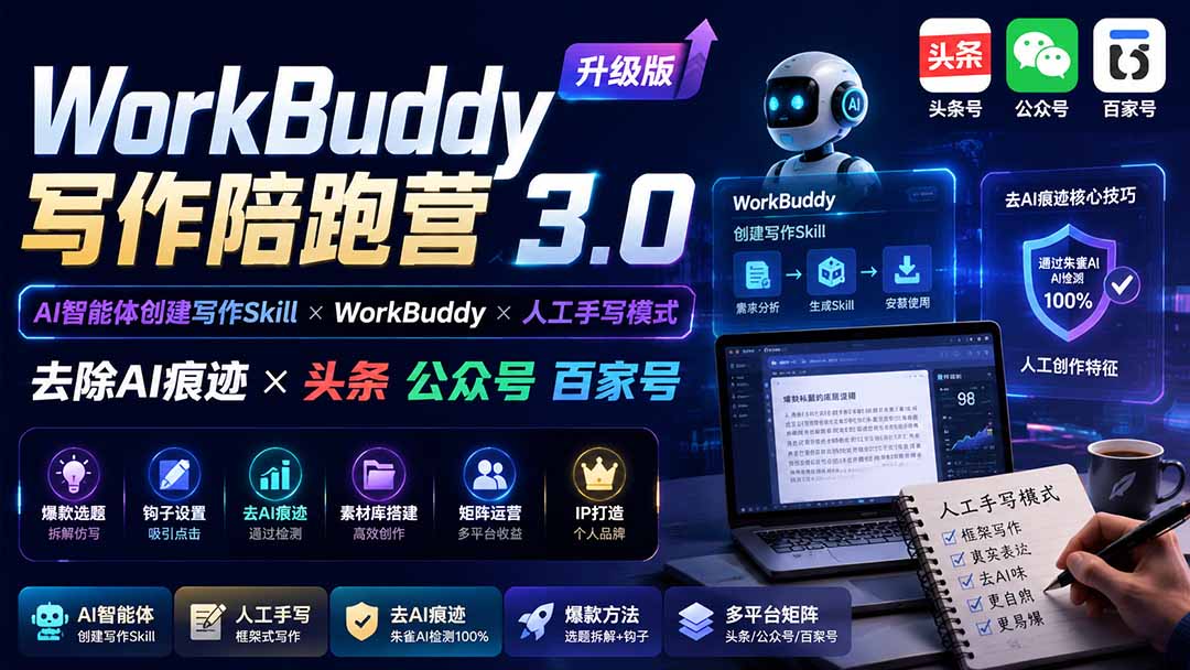 WorkBuddy写作陪跑营3.0-更新：Ai智能体创建写作Skill×WorkBuddy×人工手写模式×去除AI痕迹×头条公众号百家号-海之城短剧项目