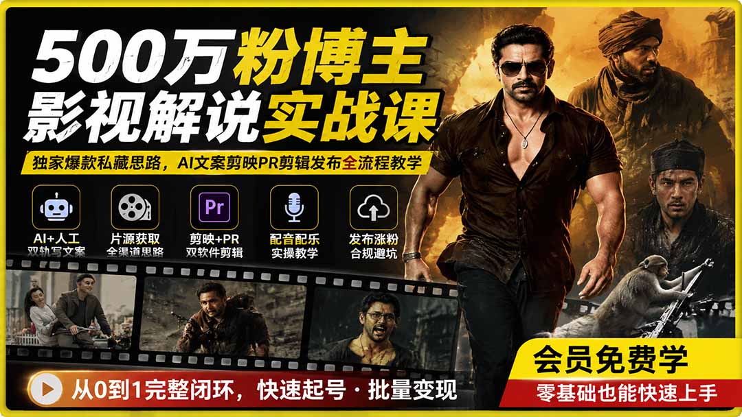 500万粉博主影视解说实战课｜独家爆款私藏思路，AI文案剪映PR剪辑发布全流程教学-海之城短剧项目