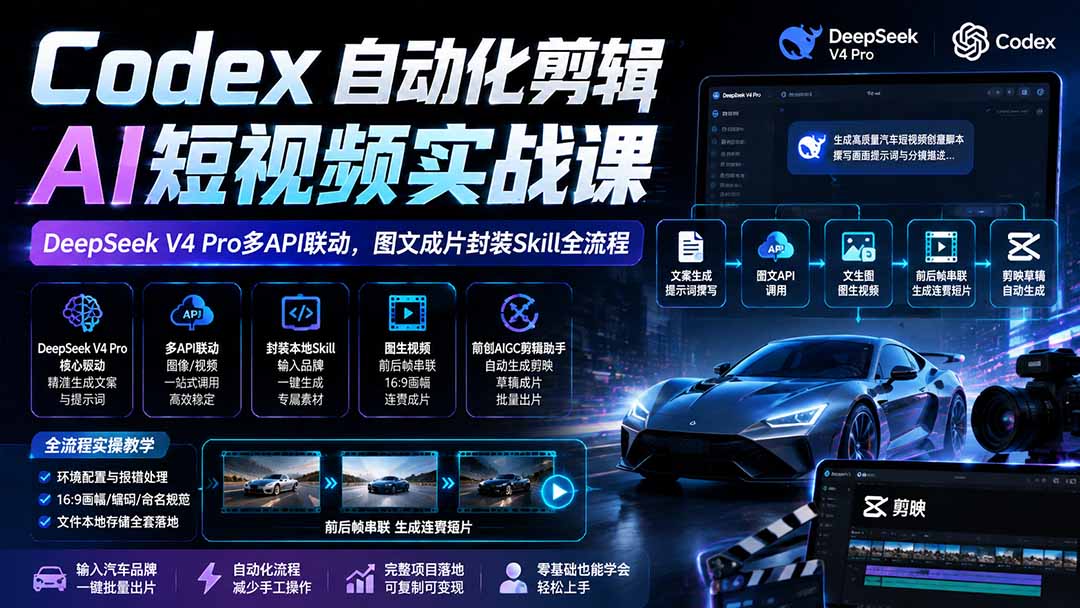 Codex自动化剪辑AI短视频实战课｜DeepSeek V4 Pro多API联动，图文成片封装Skill全流程-海之城短剧项目