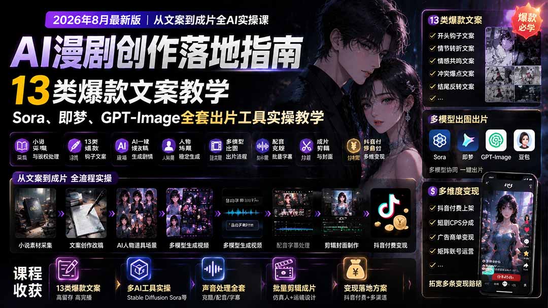 AI漫剧创作落地指南｜13类爆款文案教学，Sora、即梦、GPT-Image全套出片工具实操教学-海之城短剧项目