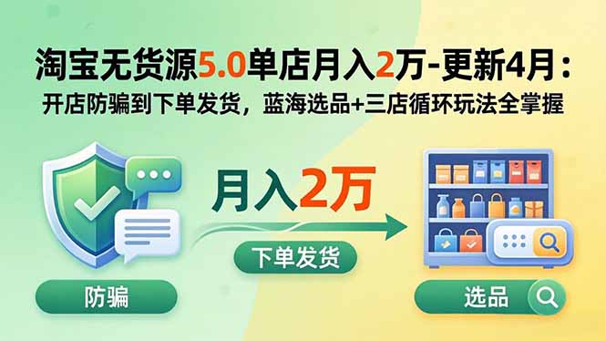 淘宝无货源5.0单店月入2万-更新2026：开店防骗到下单发货，蓝海选品+三店循环玩法全掌握-海之城短剧项目