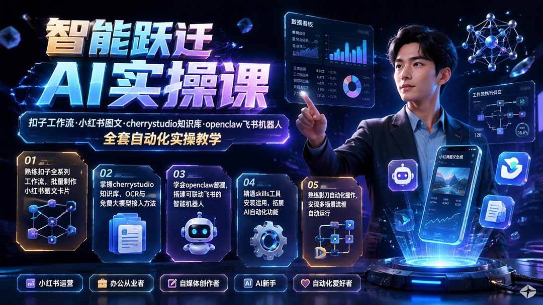 智能跃迁 AI实操课｜扣子工作流小红书图文搭建，cherrystudio知识库openclaw飞书机器人全套自动化实操教学-海之城短剧项目