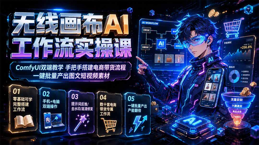 无线画布AI工作流实操课｜ComfyUI双端教学，手把手搭建电商带货流程，一键批量产出图文短视频素材-海之城短剧项目