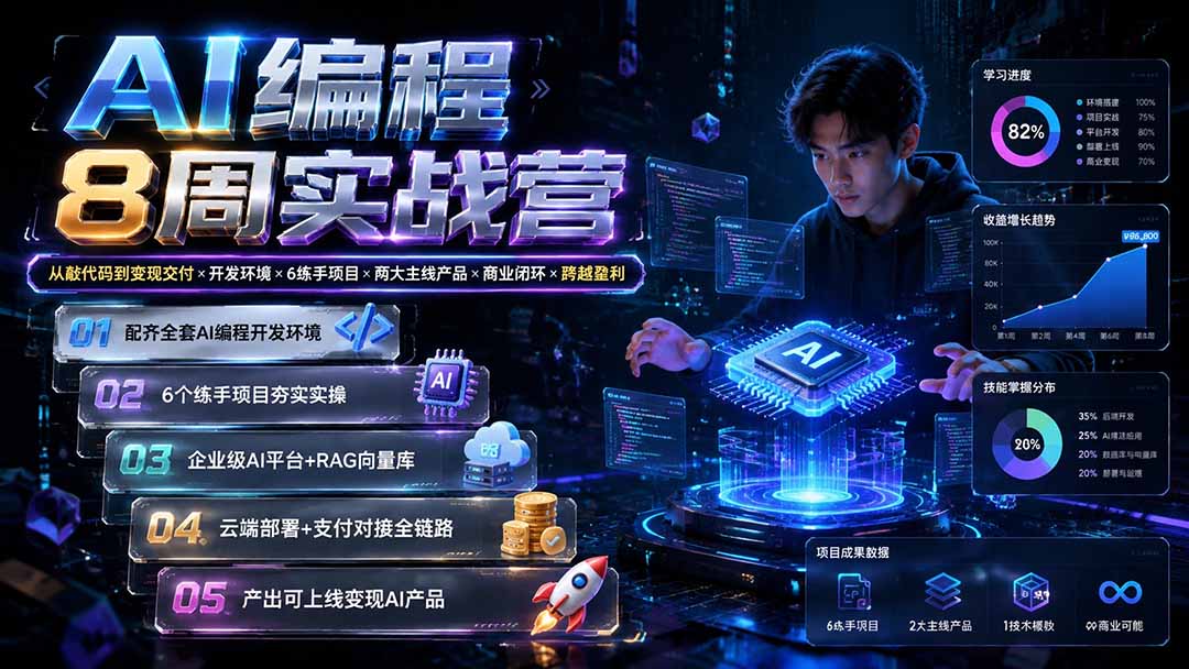 AI编程8周实战营：从敲代码到变现交付×开发环境×6练手项目×两大主线产品×商业闭环×跨越盈利-海之城短剧项目
