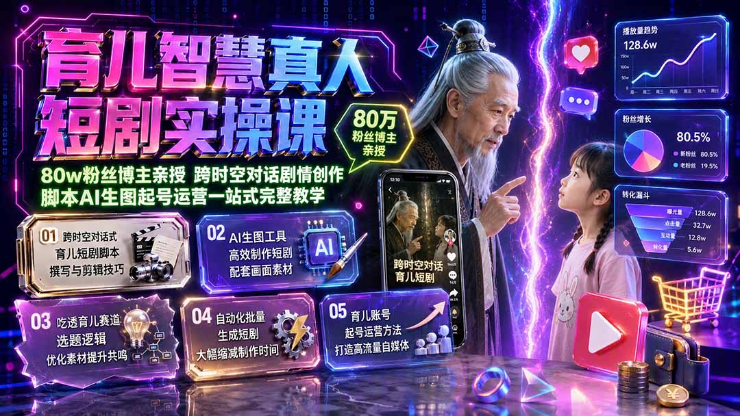 育儿智慧真人短剧实操课｜80w粉丝博主亲授，跨时空对话剧情创作，脚本AI生图起号运营一站式完整教学-海之城短剧项目