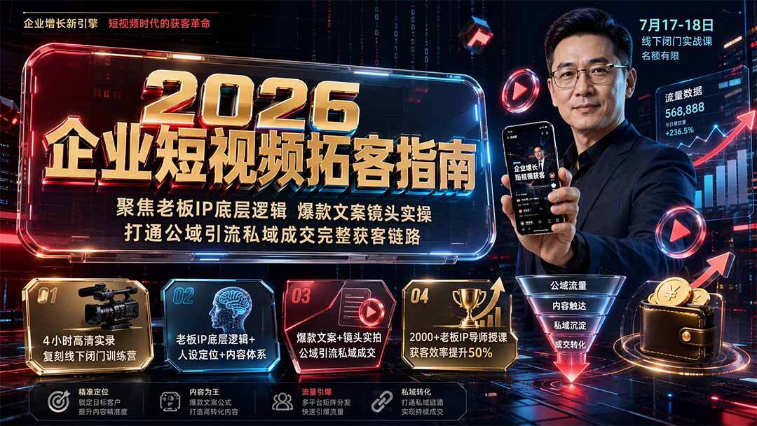 2026企业短视频拓客指南：聚焦老板IP底层逻辑，爆款文案镜头实操，打通公域引流私域成交完整获客链路-海之城短剧项目
