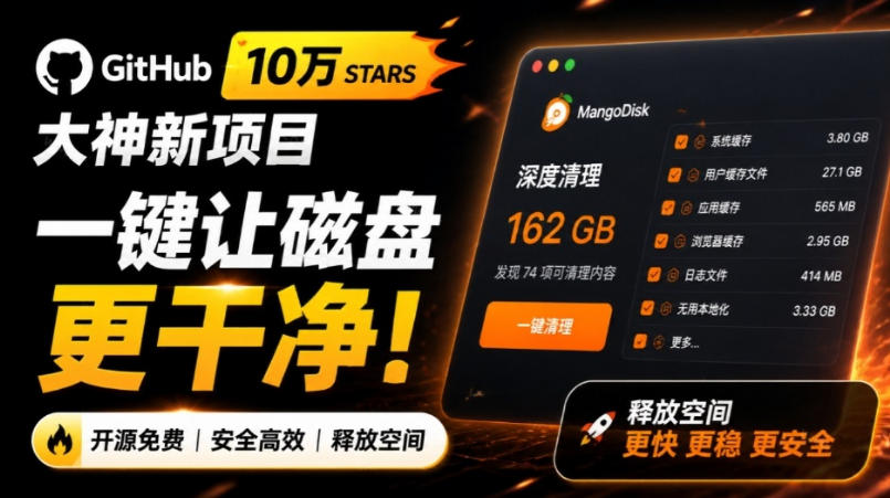 在Gtihub上做出10万stars的大神，又发布新项目了！一键让磁盘更干净，开源免费清理工具MangoDisk-海之城短剧项目