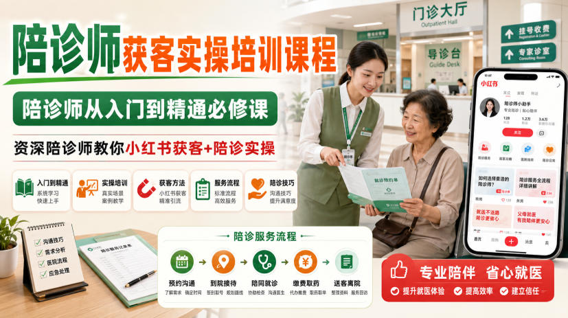 陪诊师获客实操培训课程，陪诊师从入门到精通必修课，资深陪诊师教你小红书获客+陪诊实操-海之城短剧项目