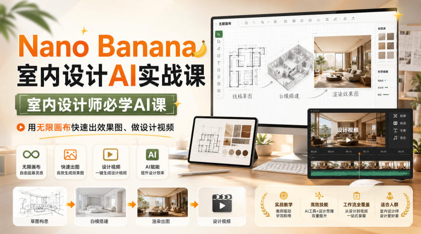 Nano Banana室内设计AI实战课，室内设计师必学AI课，用无限画布快速出效果图、做设计视频-海之城短剧项目