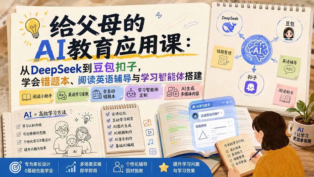 给父母的AI教育应用课：从DeepSeek到豆包扣子，学会错题本、阅读英语辅导与学习智能体搭建-海之城短剧项目
