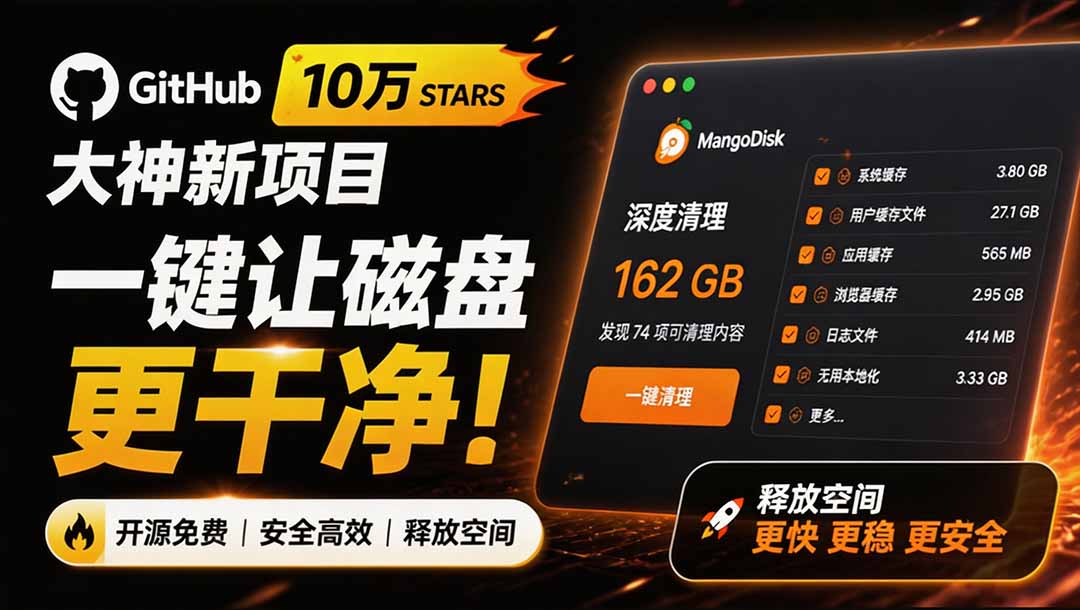 在Gtihub上做出10万 stars 的大神，又发布新项目了！一键让磁盘更干净，开源免费清理工具 MangoDisk-海之城短剧项目