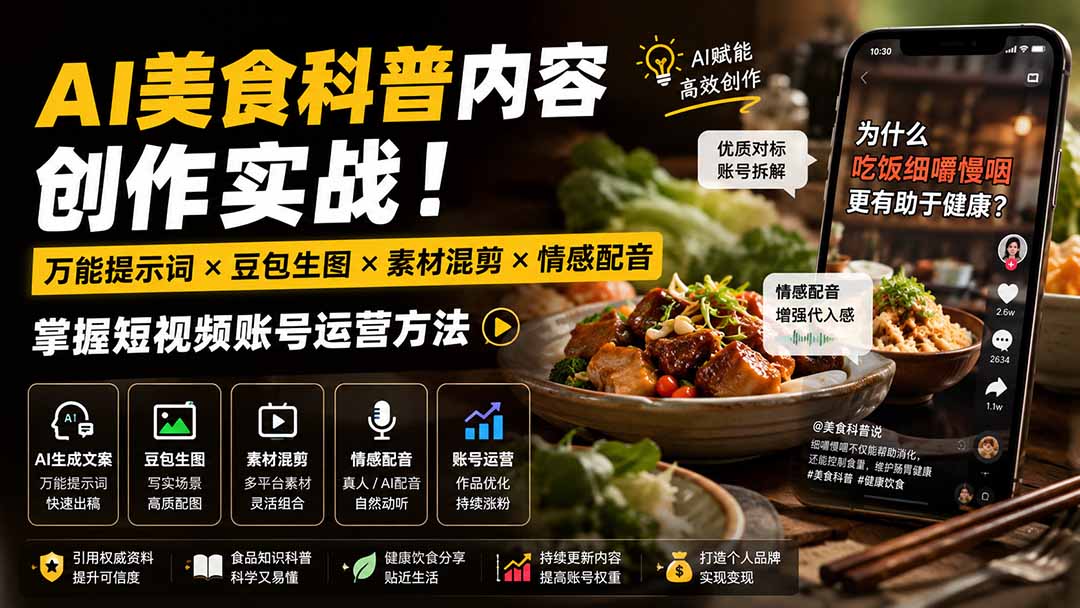 外面卖199元-AI美食科普内容创作实战！万能提示词×豆包生图×素材混剪×情感配音，掌握短视频账号运营方法-海之城短剧项目